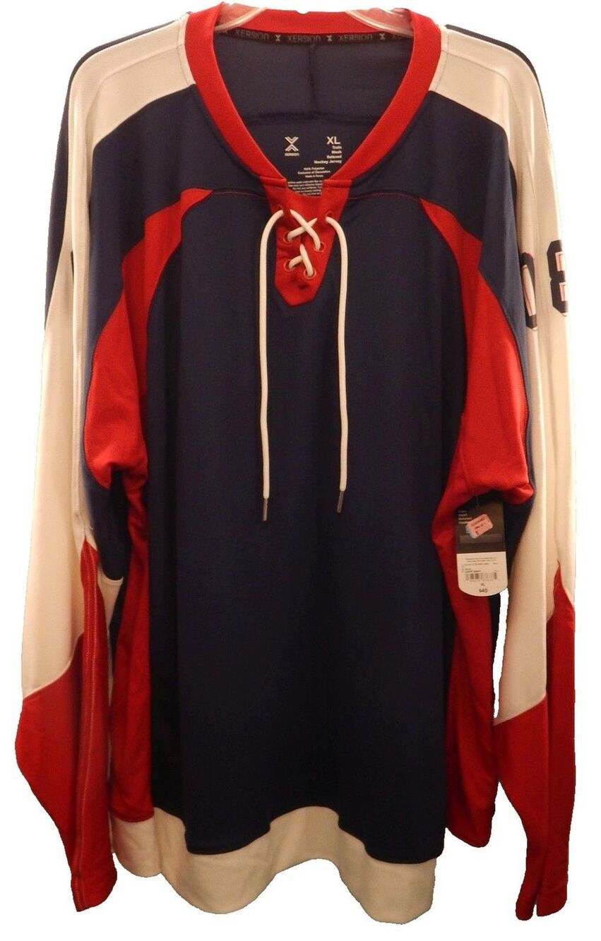Xersion XL Long Sleeve Mesh Lace-Up Ice Hockey Jersey RED WHITE BLUE #08 $45 NWT